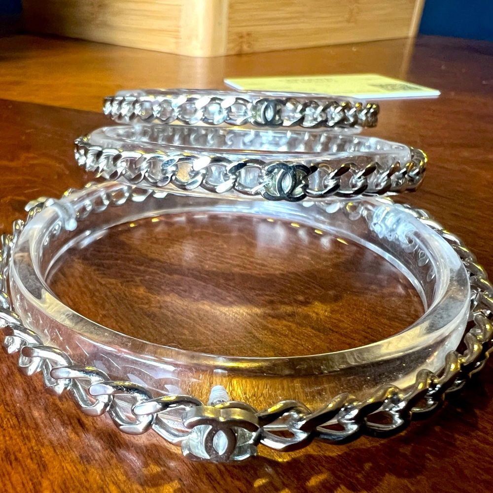 Chanel chain link CC bangle set bracelet Rebag certified resin and metal